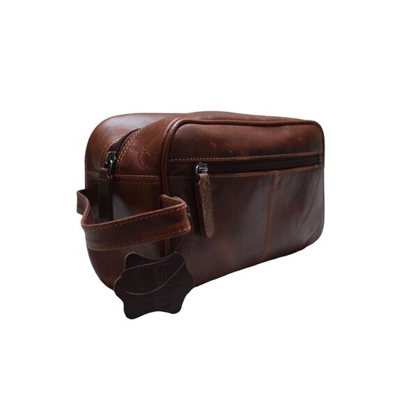 New Leather Toiletry Bag Dark Camel Color - Picture 6 of 10